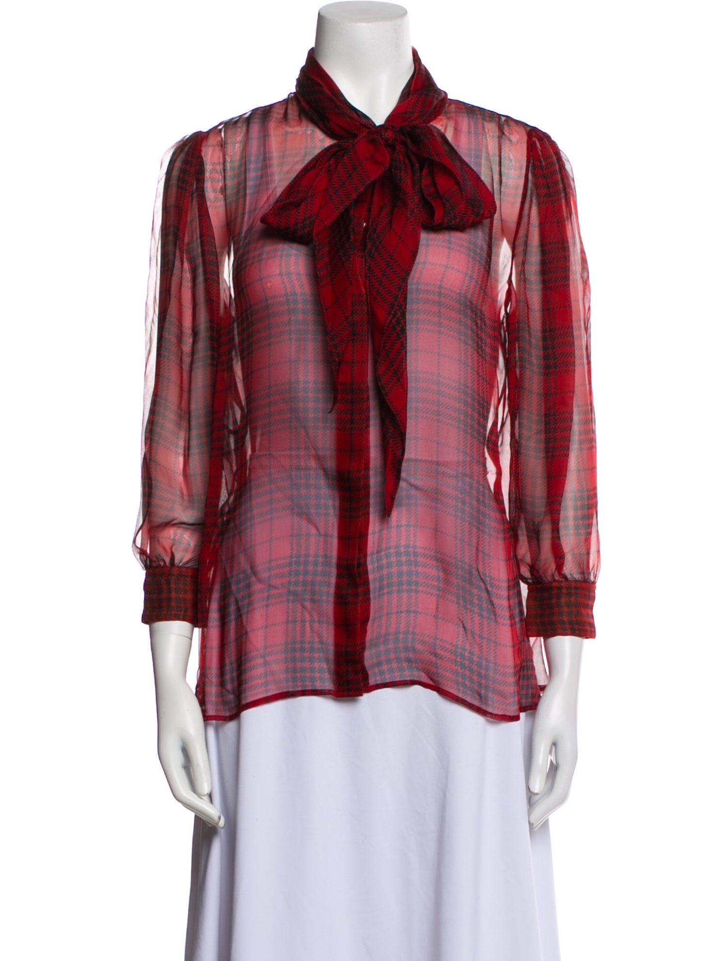 Saint Laurent Silk Plaid Print Button-Up Top